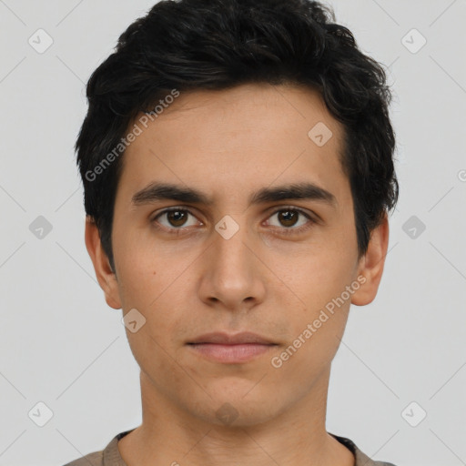 Neutral asian young-adult male with short  black hair and brown eyes