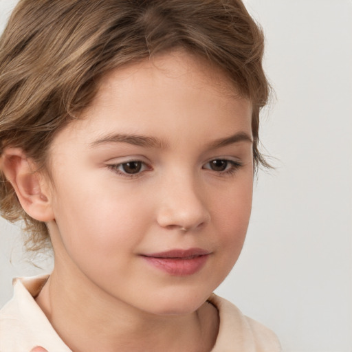 Joyful white child female with medium  brown hair and brown eyes