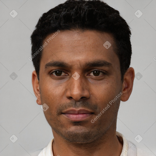Neutral latino young-adult male with short  black hair and brown eyes