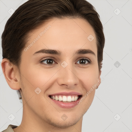 Joyful white young-adult female with short  brown hair and brown eyes