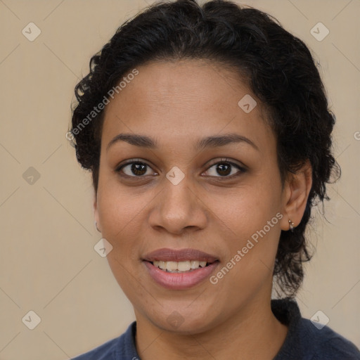 Joyful latino young-adult female with short  brown hair and brown eyes