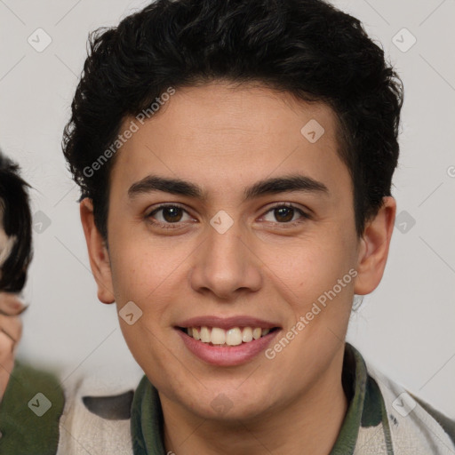 Joyful latino young-adult male with short  brown hair and brown eyes