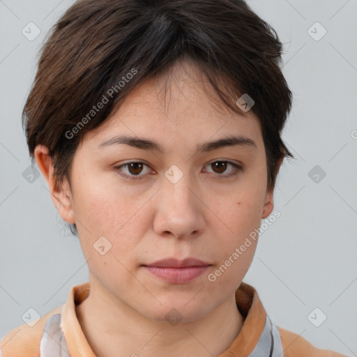 Neutral white young-adult female with medium  brown hair and brown eyes