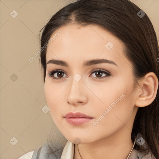 Neutral white young-adult female with medium  brown hair and brown eyes