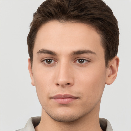 Neutral white young-adult male with short  brown hair and brown eyes