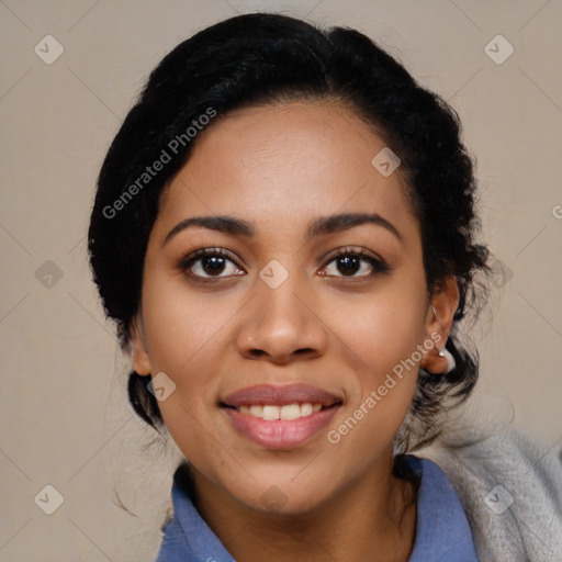 Joyful black young-adult female with medium  black hair and brown eyes