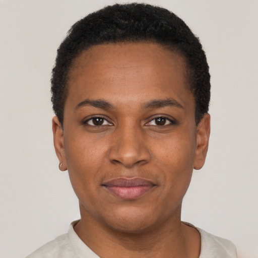 Joyful black young-adult female with short  black hair and brown eyes
