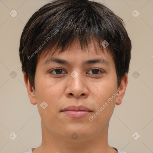 Neutral asian young-adult male with short  brown hair and brown eyes