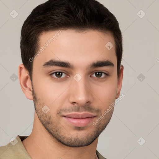 Joyful white young-adult male with short  brown hair and brown eyes