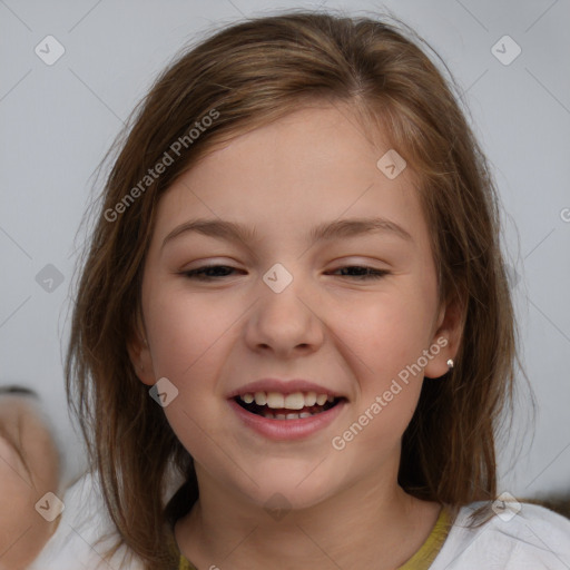 Joyful white child female with medium  brown hair and brown eyes