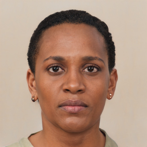 Neutral black young-adult female with short  black hair and brown eyes