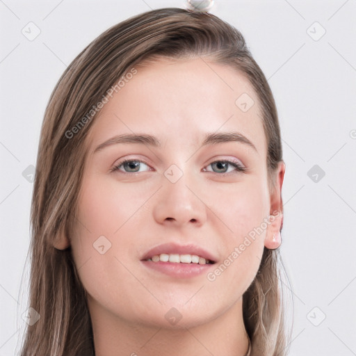 Joyful white young-adult female with long  brown hair and grey eyes