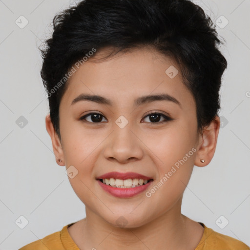 Joyful asian young-adult female with short  brown hair and brown eyes