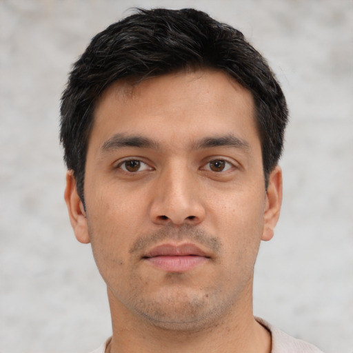 Neutral asian young-adult male with short  black hair and brown eyes