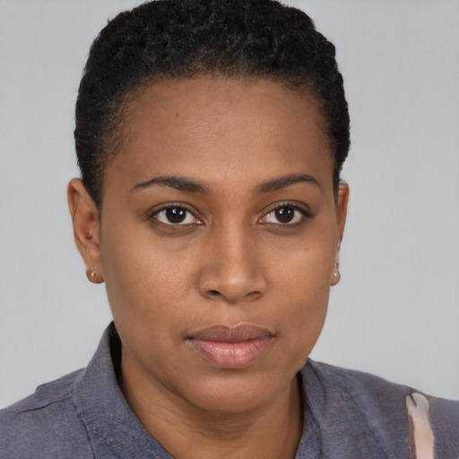 Neutral black young-adult female with short  brown hair and brown eyes