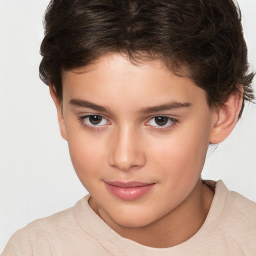 Joyful white child female with short  brown hair and brown eyes