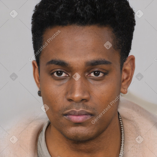 Neutral black young-adult male with short  black hair and brown eyes