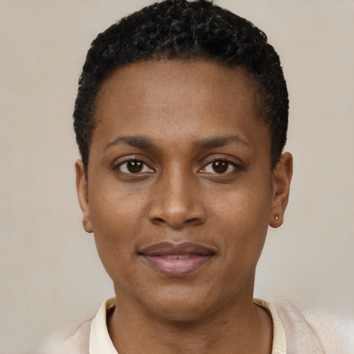Joyful black young-adult female with short  black hair and brown eyes