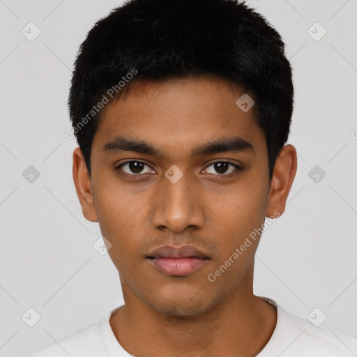 Neutral latino young-adult male with short  black hair and brown eyes