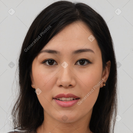 Joyful white young-adult female with medium  brown hair and brown eyes