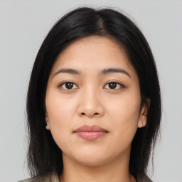 Neutral asian young-adult female with long  brown hair and brown eyes