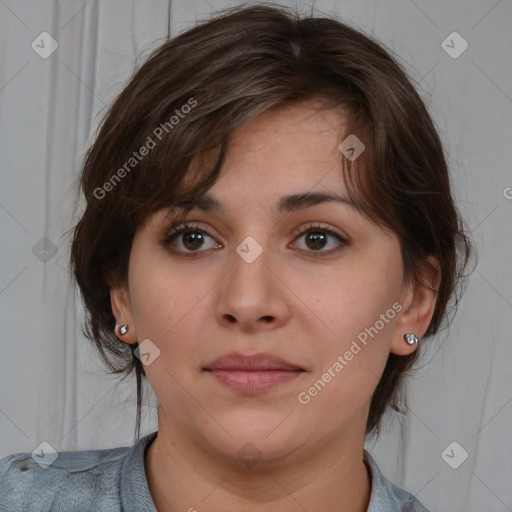 Neutral white young-adult female with medium  brown hair and brown eyes