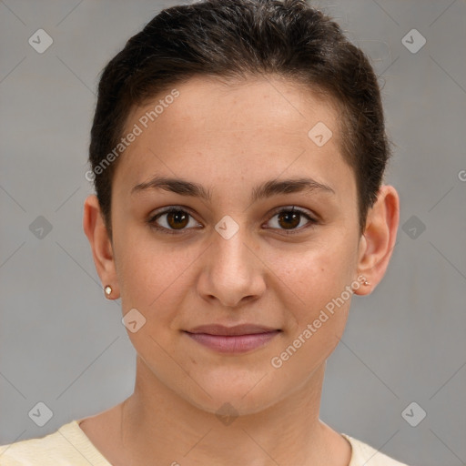 Joyful white young-adult female with short  brown hair and brown eyes