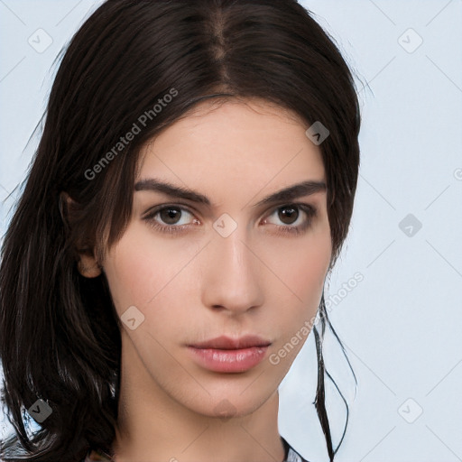 Neutral white young-adult female with long  brown hair and brown eyes