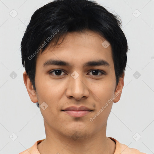 Joyful asian young-adult male with short  black hair and brown eyes