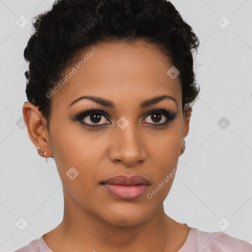 Joyful latino young-adult female with short  brown hair and brown eyes