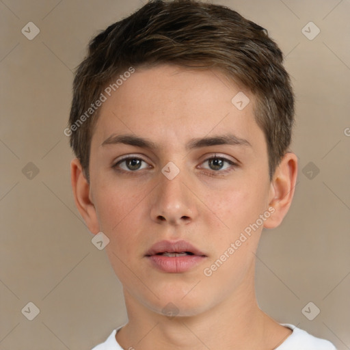 Neutral white young-adult male with short  brown hair and brown eyes