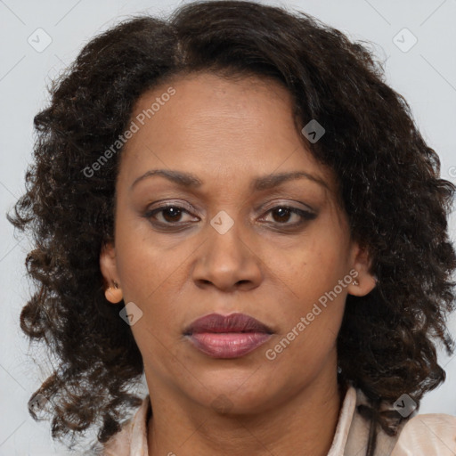 Joyful black adult female with medium  brown hair and brown eyes