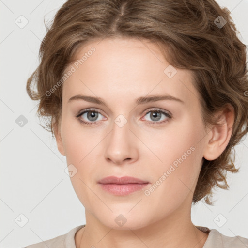 Joyful white young-adult female with medium  brown hair and green eyes