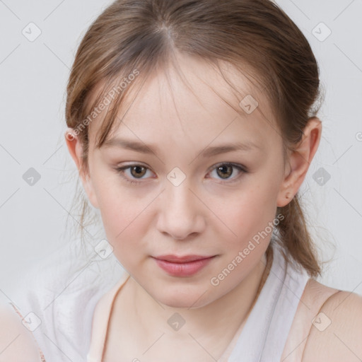 Joyful white child female with medium  brown hair and grey eyes