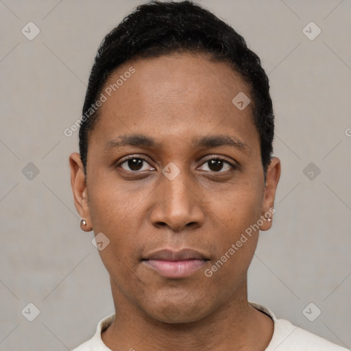 Neutral black young-adult male with short  black hair and brown eyes