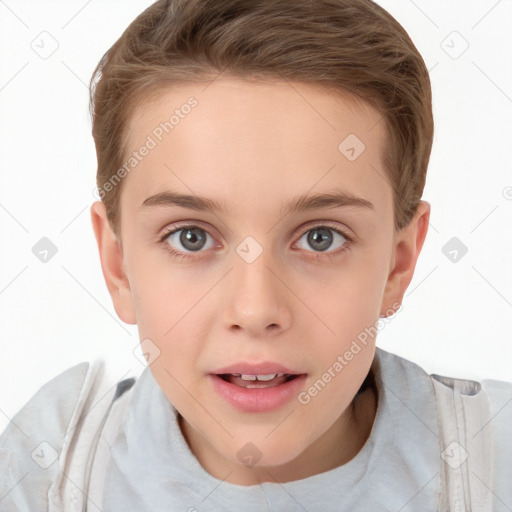 Joyful white child female with short  brown hair and brown eyes