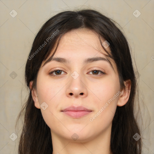 Neutral white young-adult female with medium  brown hair and brown eyes