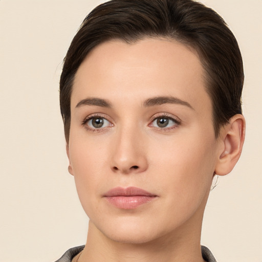 Neutral white young-adult female with short  brown hair and brown eyes