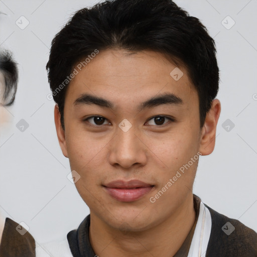 Neutral asian young-adult male with short  brown hair and brown eyes