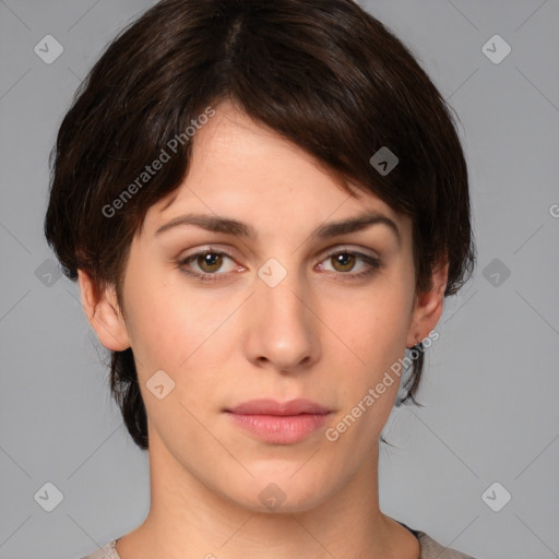 Neutral white young-adult female with medium  brown hair and brown eyes