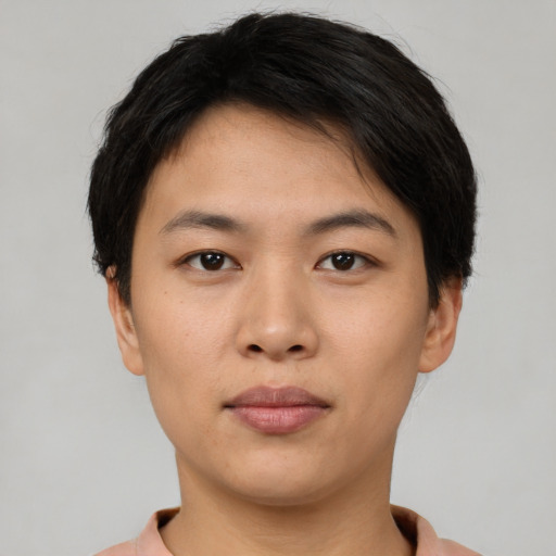 Neutral asian young-adult female with short  black hair and brown eyes