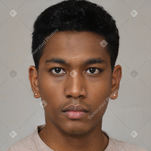 Neutral black young-adult male with short  black hair and brown eyes