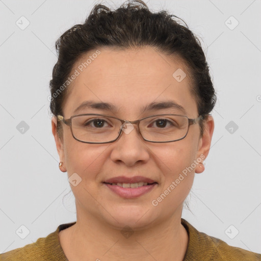 Joyful white adult female with short  brown hair and brown eyes