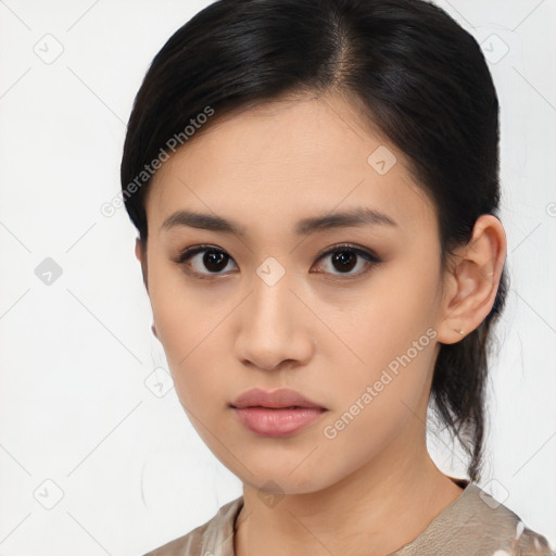 Neutral asian young-adult female with medium  black hair and brown eyes