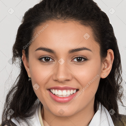 Joyful white young-adult female with long  brown hair and brown eyes