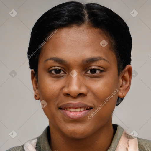 Joyful latino young-adult female with short  black hair and brown eyes