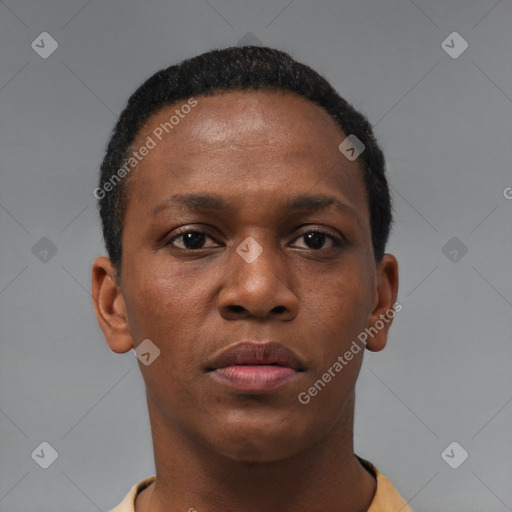 Neutral black young-adult female with short  black hair and brown eyes