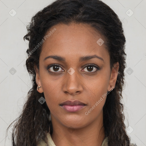 Neutral black young-adult female with long  brown hair and brown eyes