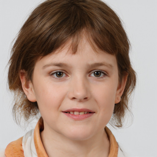 Joyful white child female with medium  brown hair and grey eyes