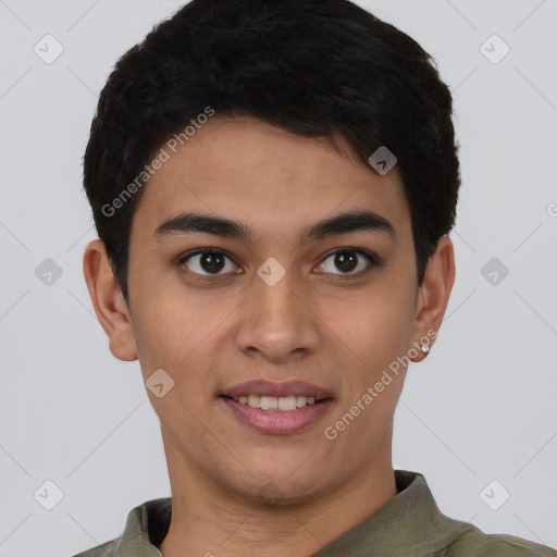 Joyful latino young-adult male with short  brown hair and brown eyes